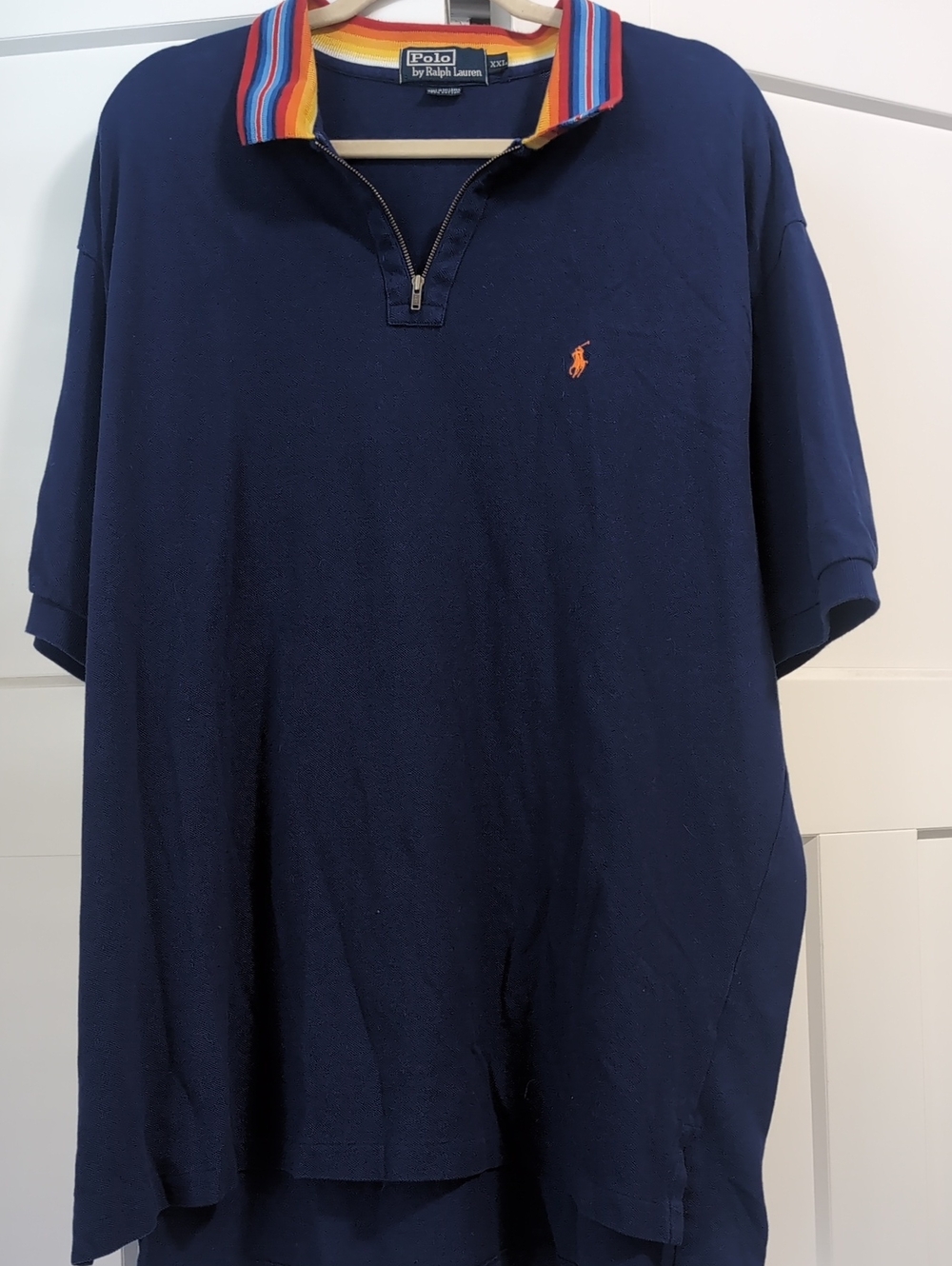 Polo by Ralph Lauren Navy Short-Sleeve Zip Polo with Rainbow Stripe Collar